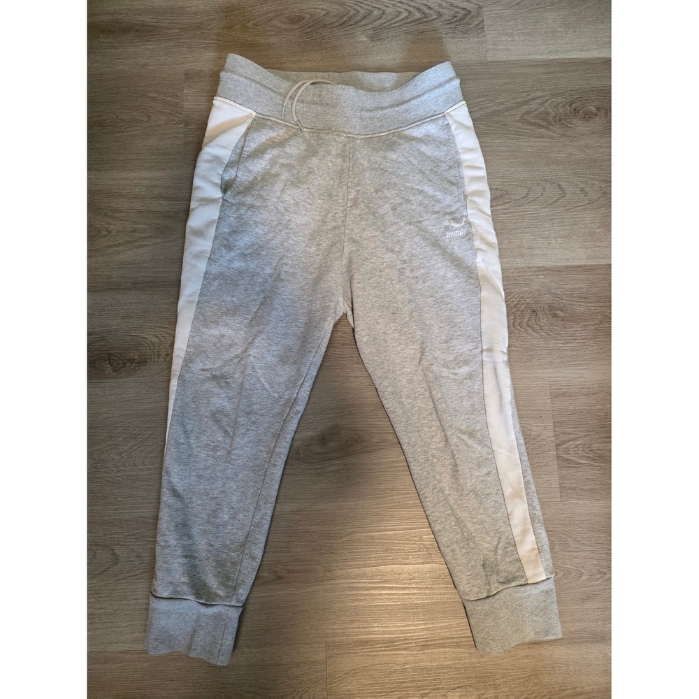 Puma Grey White Side Stripe Kids Jogger Pants Athletic Loungewear Size M